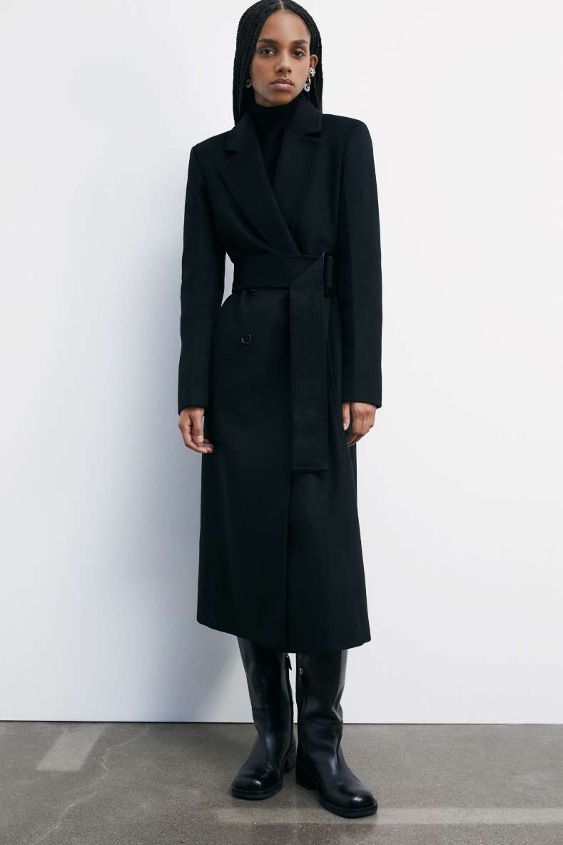 &quot;ESSENTIAL&quot; long coat with belt, Black, Patrizia Pepe