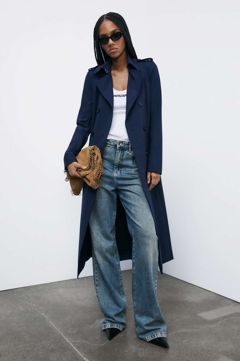 Trench coat with buckle made of bielastic nylon, Blue, Patrizia Pepe