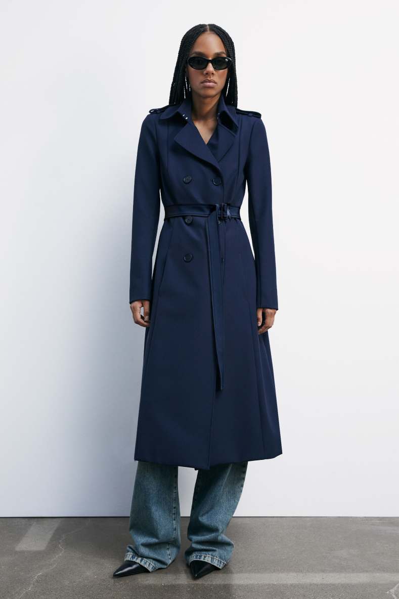 Trench coat with buckle made of bielastic nylon, Blue, Patrizia Pepe