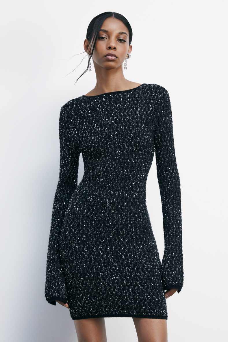 Mini knit dress with sequins, Black, Patrizia Pepe