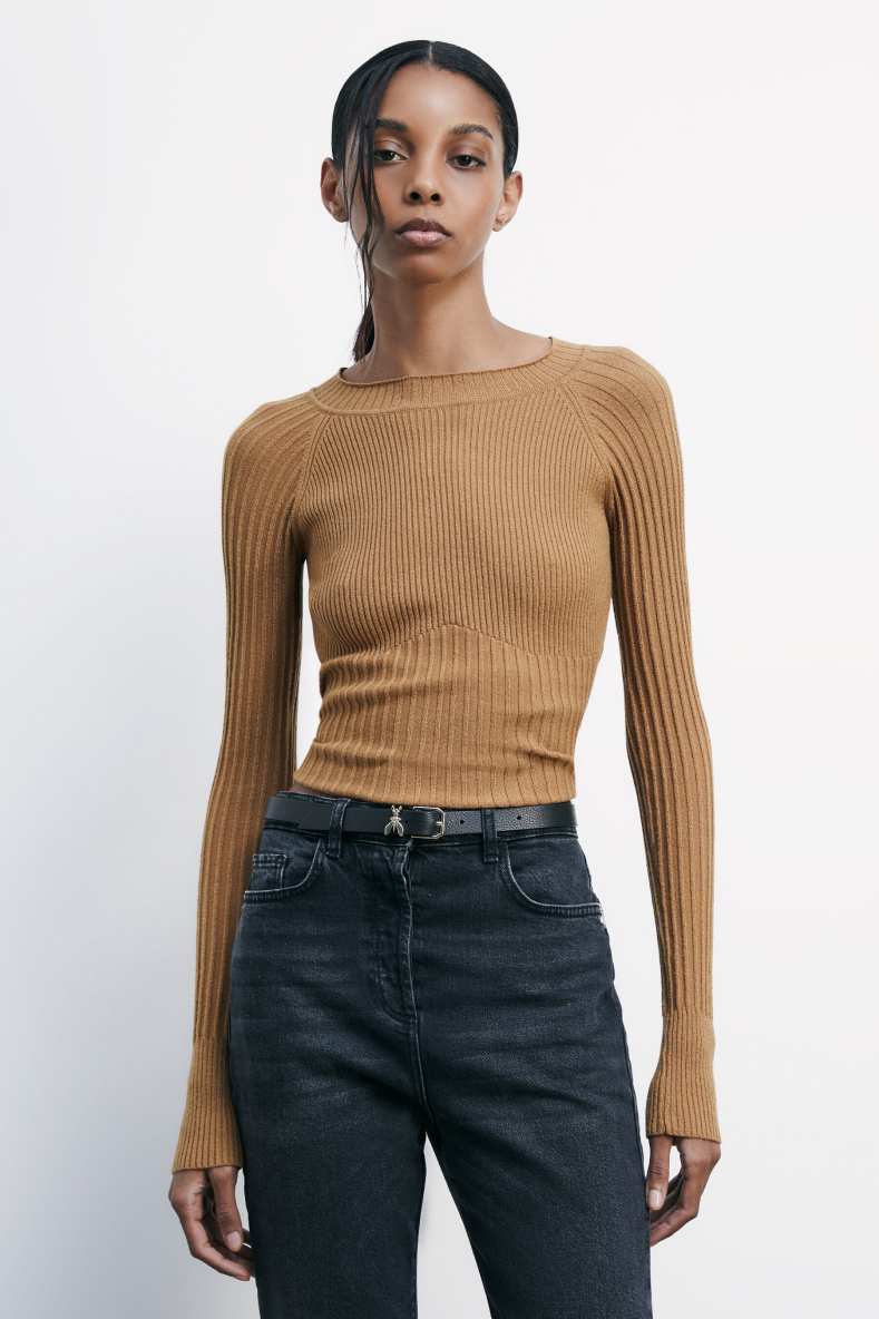 &quot;ESSENTIAL&quot; ribbed fitted sweater, Beige, Patrizia Pepe