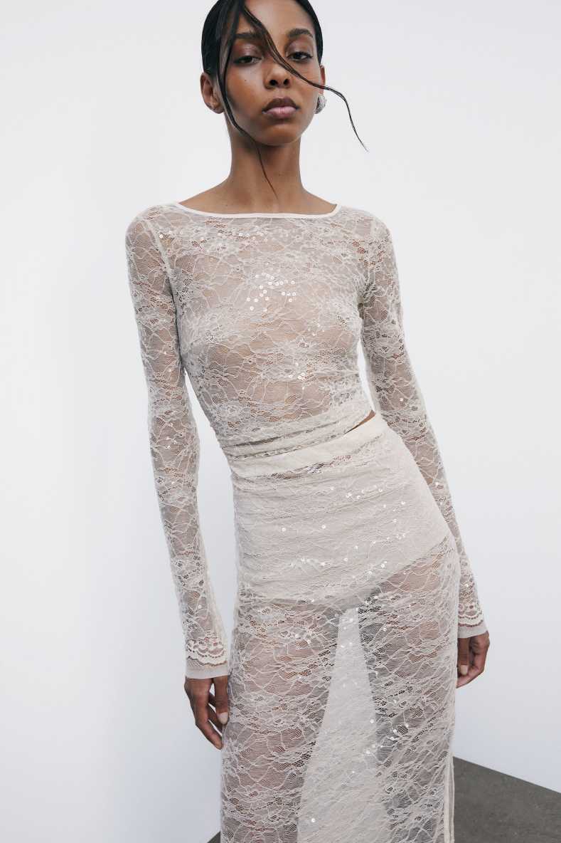 Long-sleeved lace top with sequins, White, Patrizia Pepe