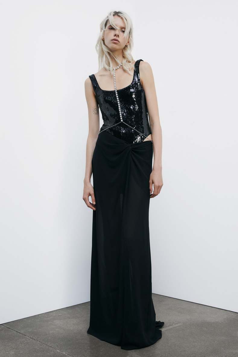 Long bustier dress with sequins, Black, Patrizia Pepe