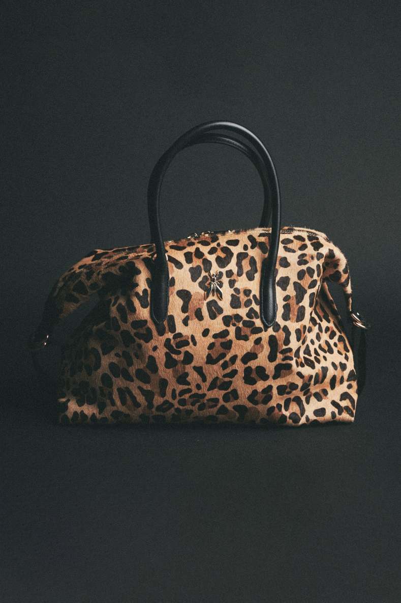 Leopard-print leather bowling bag, Beige, Patrizia Pepe