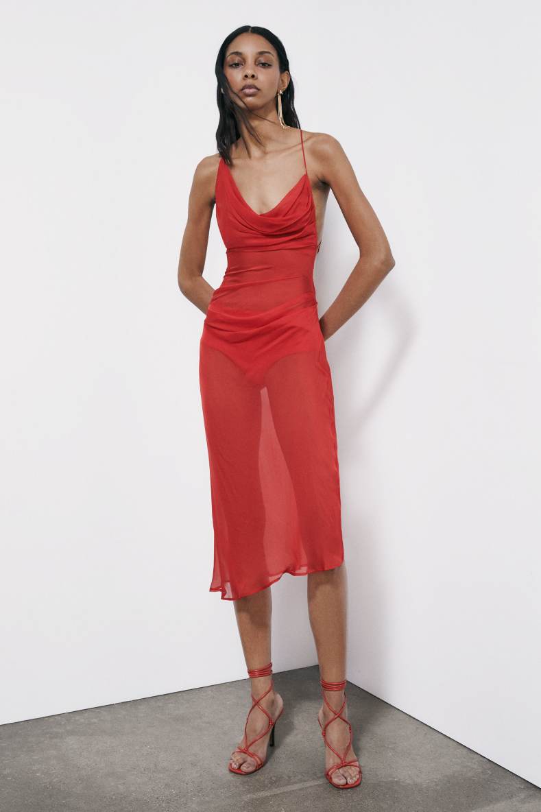 Asymmetric silk chiffon dress with draping, Red, Patrizia Pepe