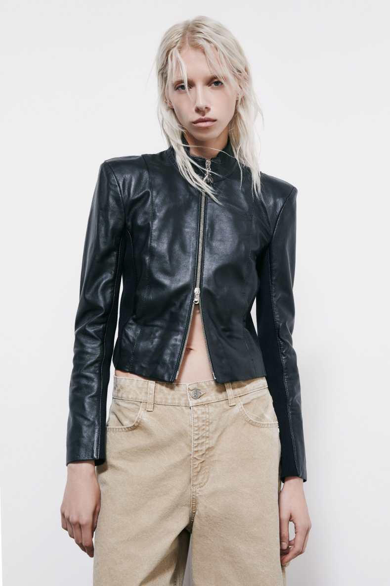 Leather biker jacket with knitted inserts, Black, Patrizia Pepe