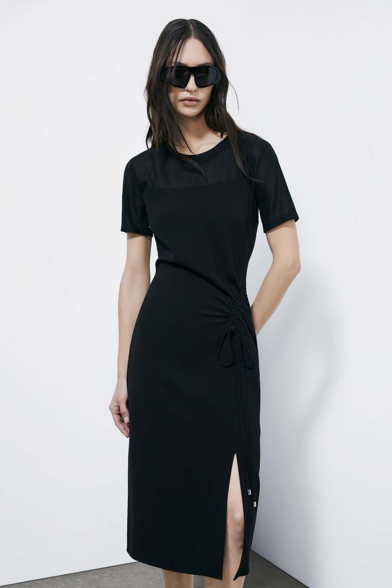 Twill midi dress with ruffle, Black, Patrizia Pepe