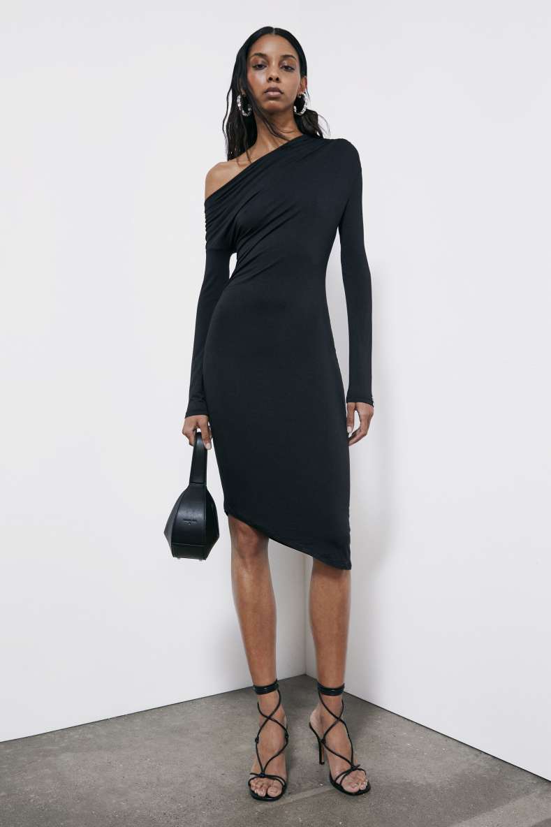 Asymmetrical midi dress with draping, Black, Patrizia Pepe