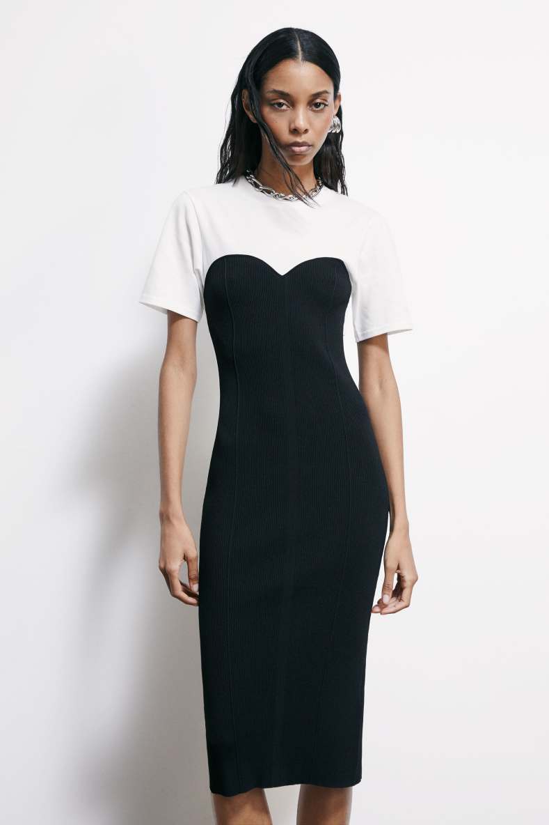 Облегающее миди-платье в резинку с футболкой, Белый/Чёрный, Patrizia Pepe