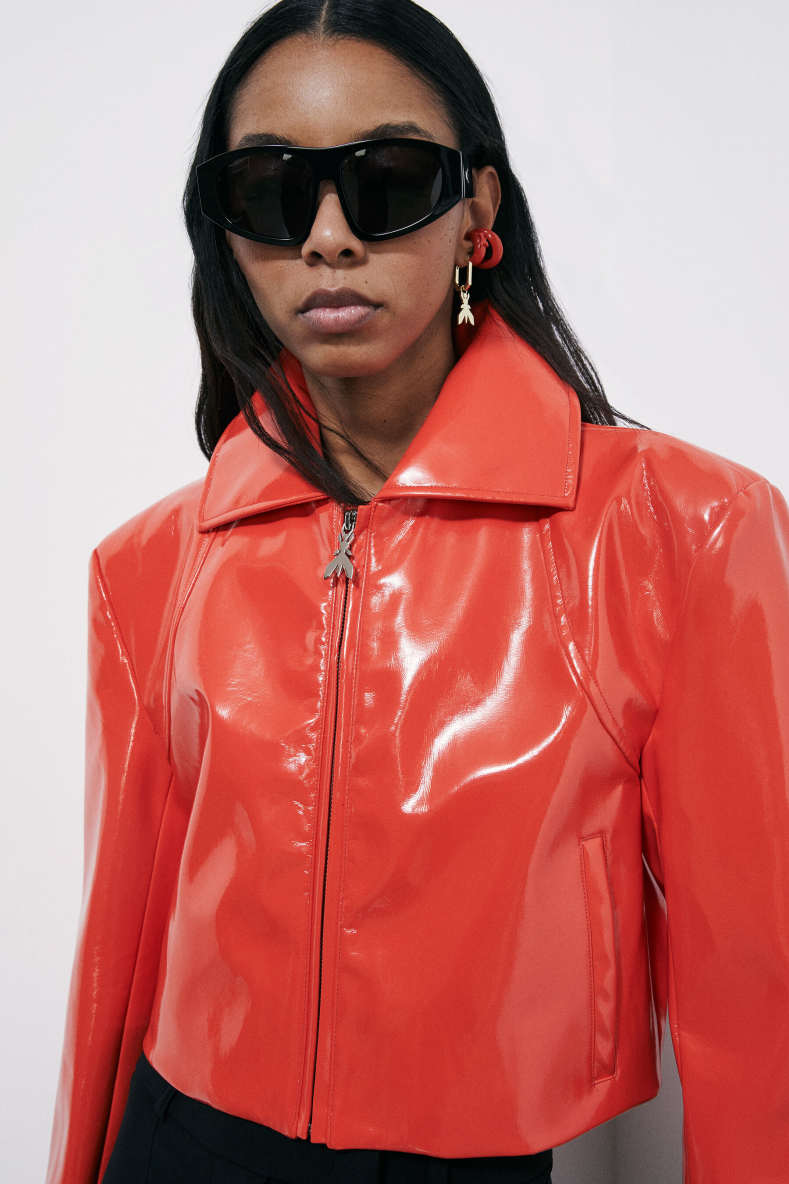 Glossy cropped biker jacket, Orange, Patrizia Pepe