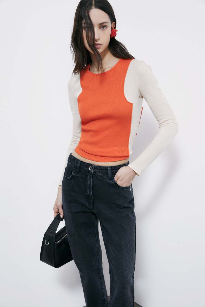 Ribbed color block sweater, Warm Ivory/Orange, Patrizia Pepe