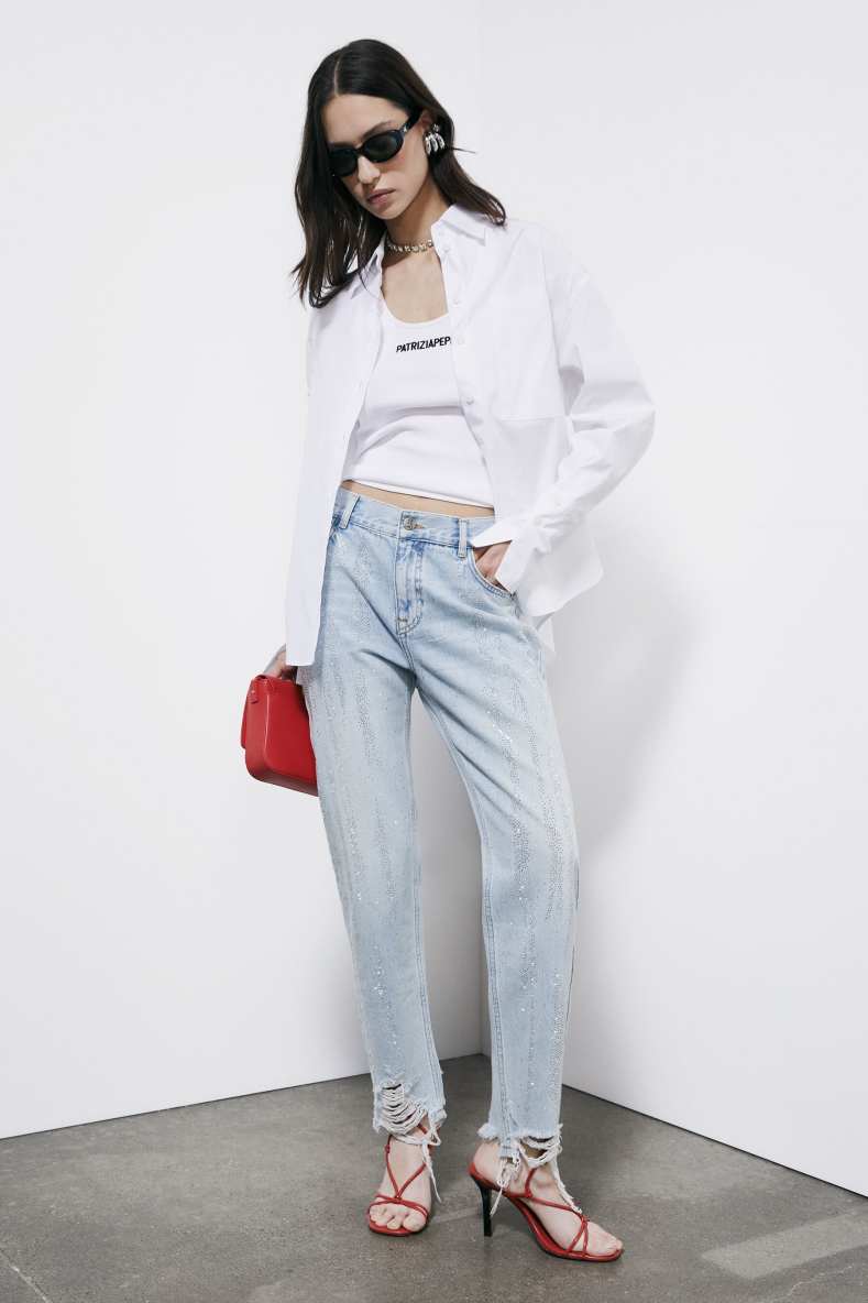 Cigarette jeans with rhinestones, Blue, Patrizia Pepe