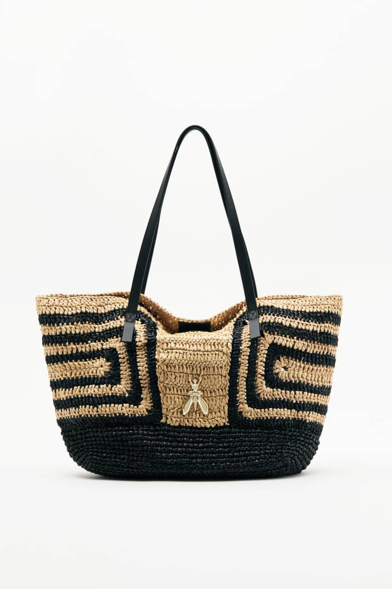 Never Complete raffia shopping bag, Black/Natural, Patrizia Pepe