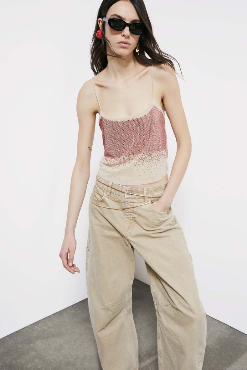 Top en tulle orn&eacute; de strass, Beige, Patrizia Pepe