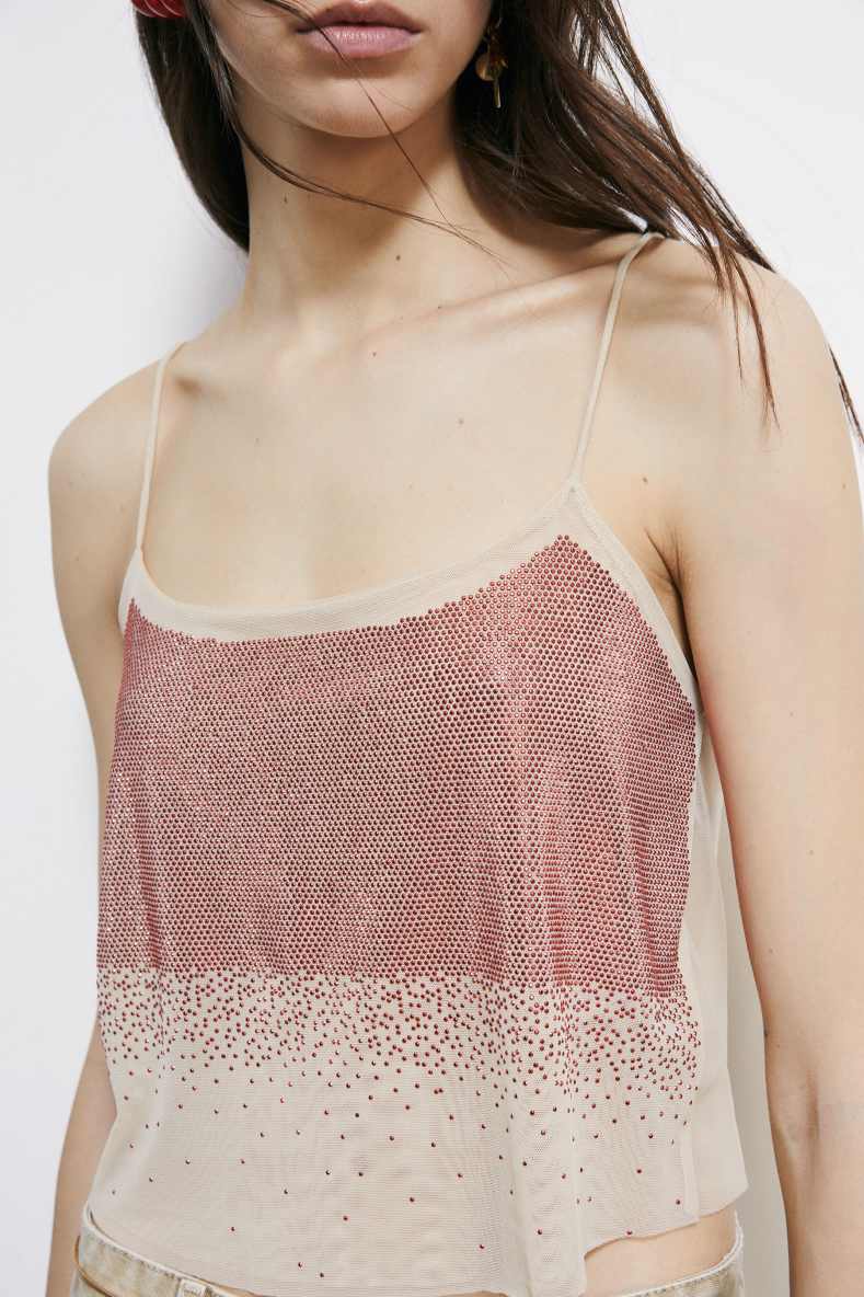 Top en tulle orn&eacute; de strass, Beige, Patrizia Pepe