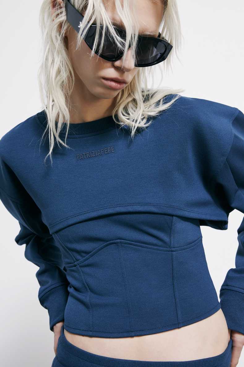 Double layer cropped bustier sweatshirt, Blue, Patrizia Pepe