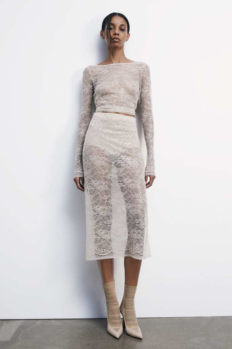 Sequined lace midi skirt, White, Patrizia Pepe