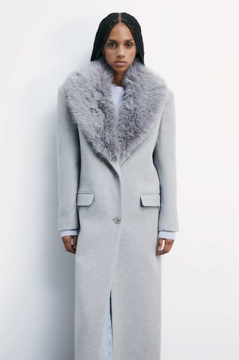 Длинное пальто с ворсистым воротником, Серый, Patrizia Pepe