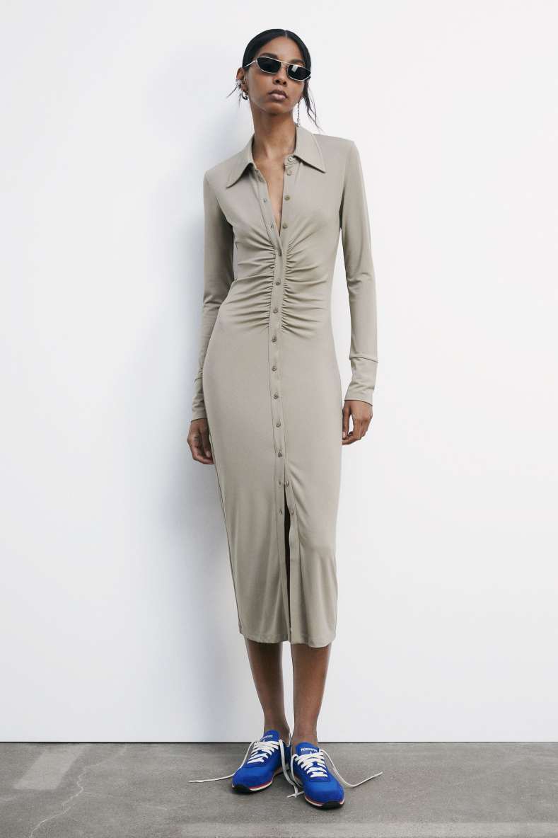 Fitted midi dress with draping, Beige, Patrizia Pepe