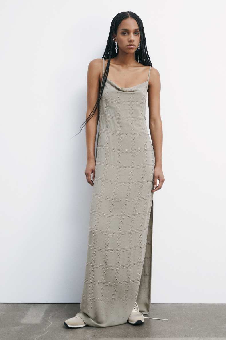 Long dress with deep neckline and studs, Beige, Patrizia Pepe
