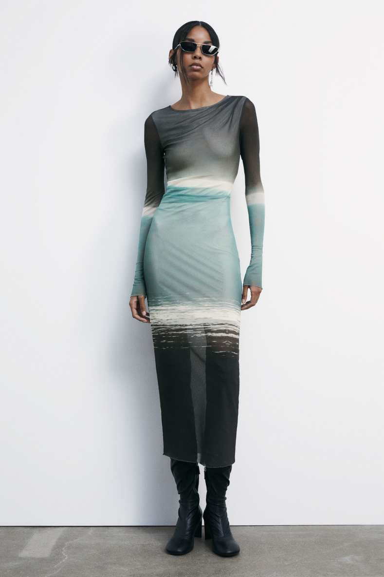 Midi degrad&eacute; dress in stretch tulle, Green, Patrizia Pepe