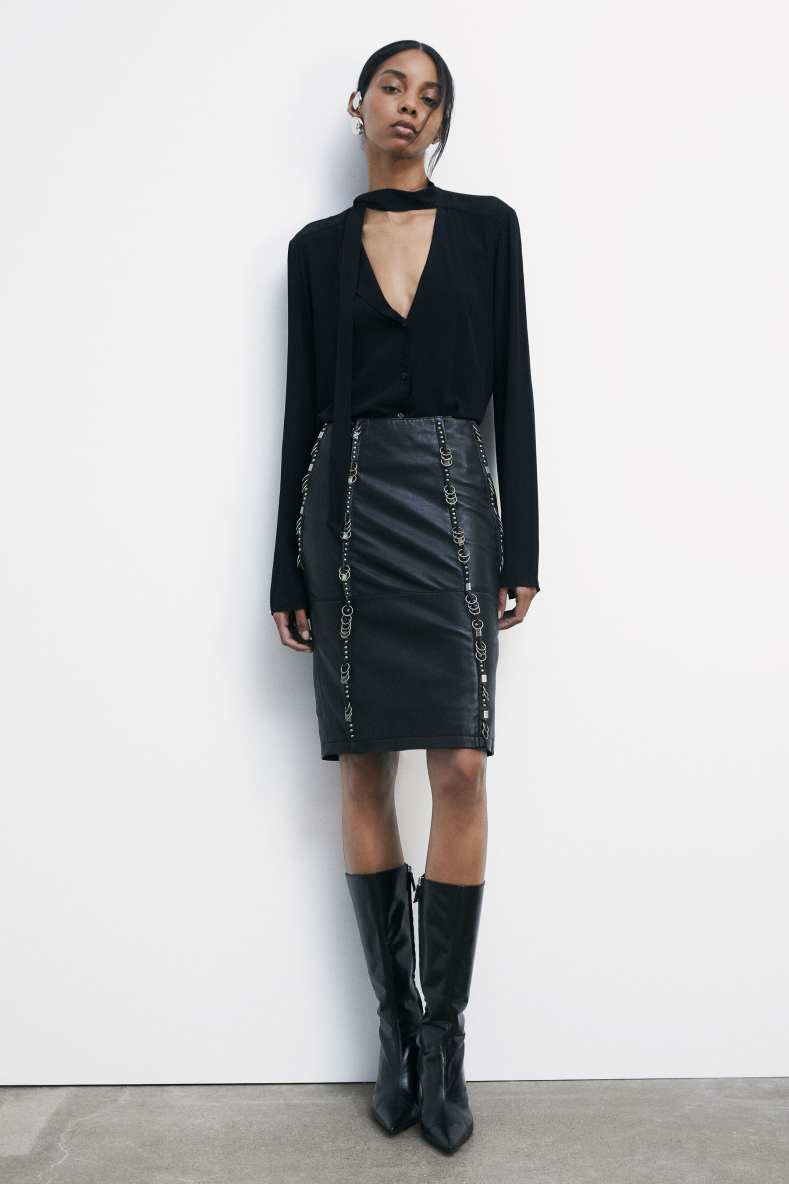 Midi leather skirt with piercings, Black, Patrizia Pepe