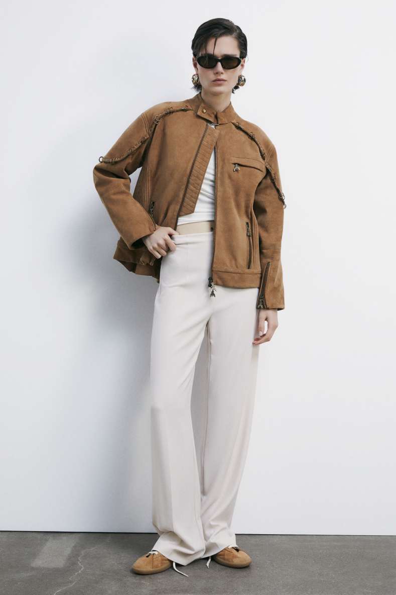 Oversized suede biker jacket with piercing details, Beige, Patrizia Pepe