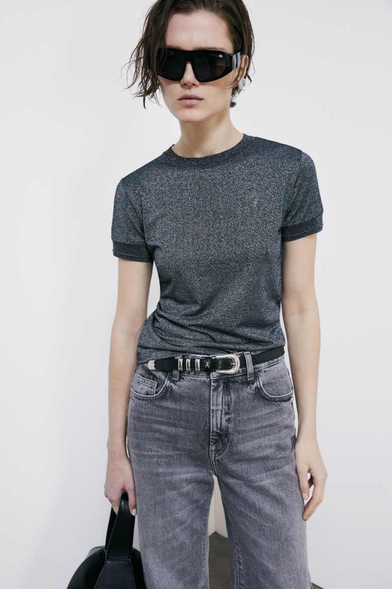 Knit T-Shirt with strass logo detail, Grey, Patrizia Pepe