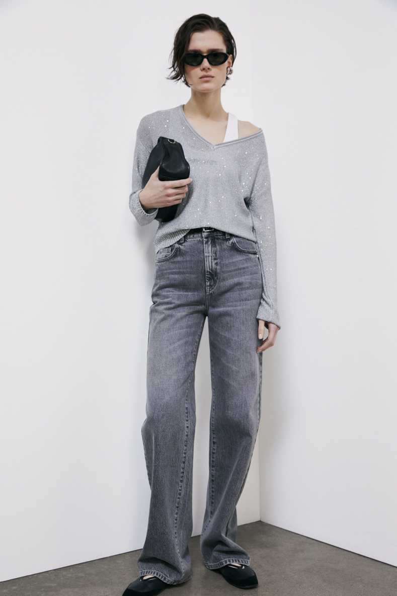 V-neck sweater with sequins, Silver, Patrizia Pepe