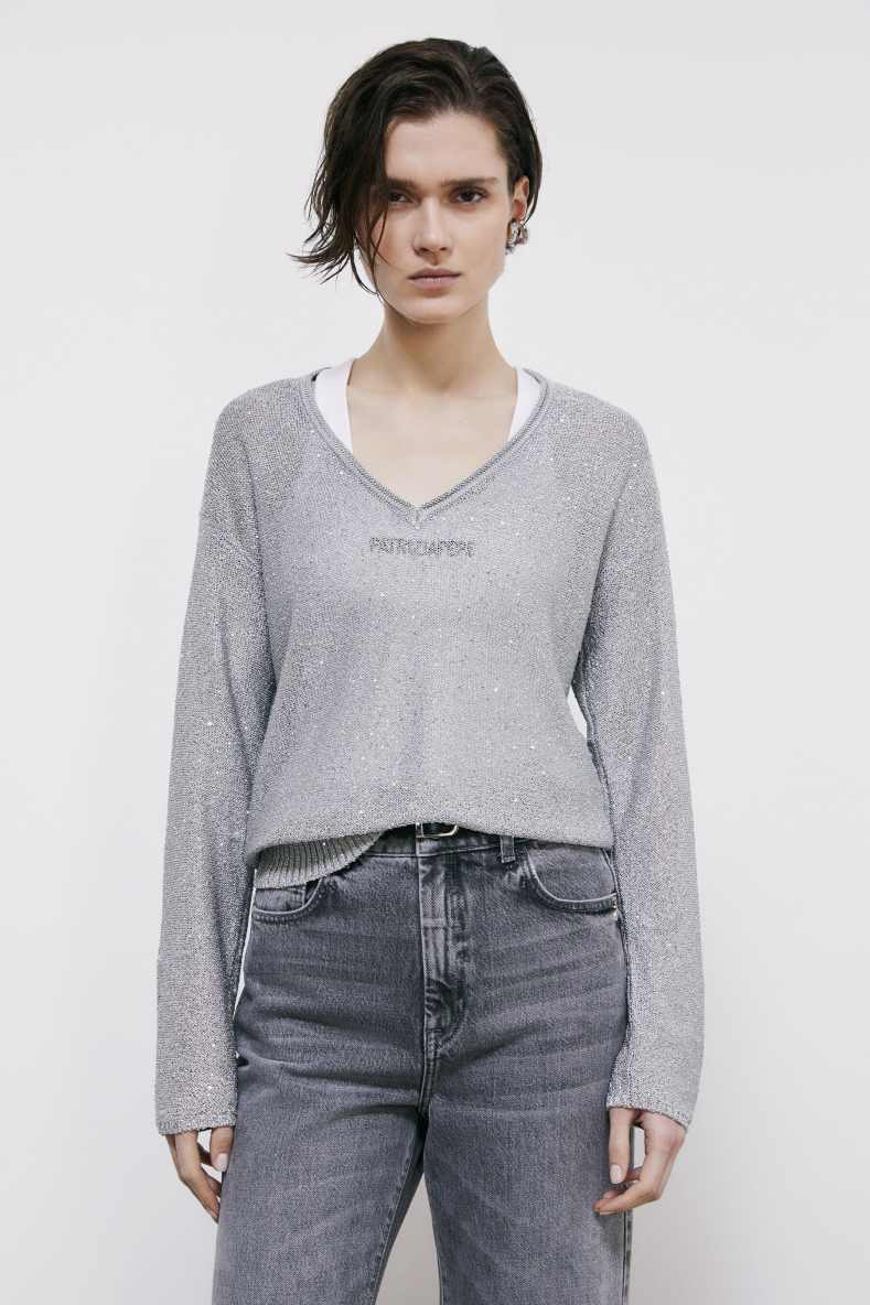 V-neck sweater with sequins, Silver, Patrizia Pepe