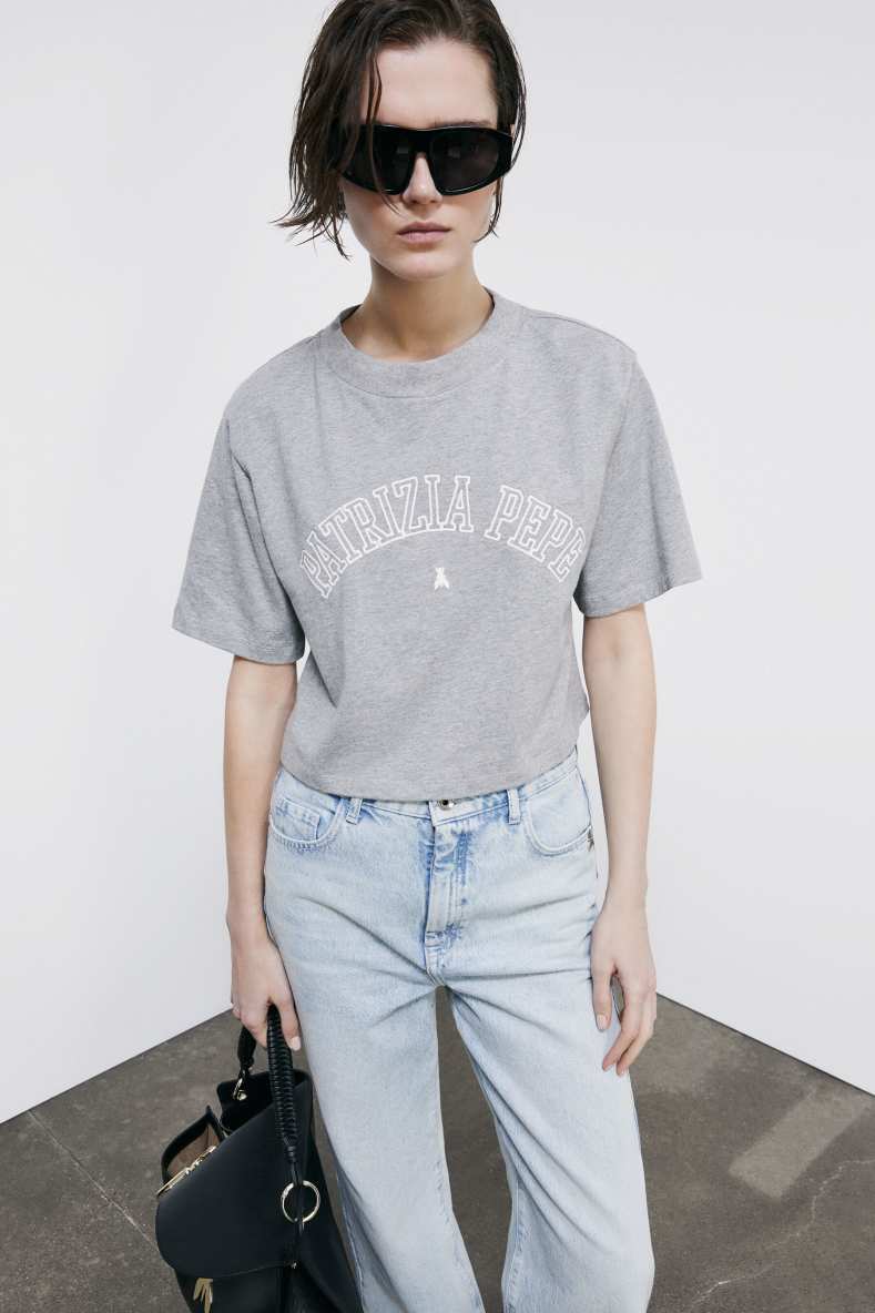 Cropped T-shirt with logo, Grey, Patrizia Pepe