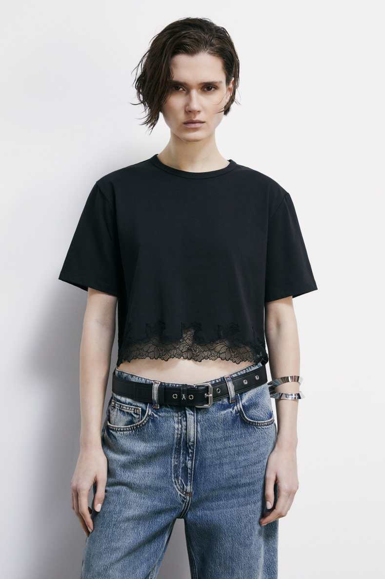Cropped T-shirt with lace, Black, Patrizia Pepe