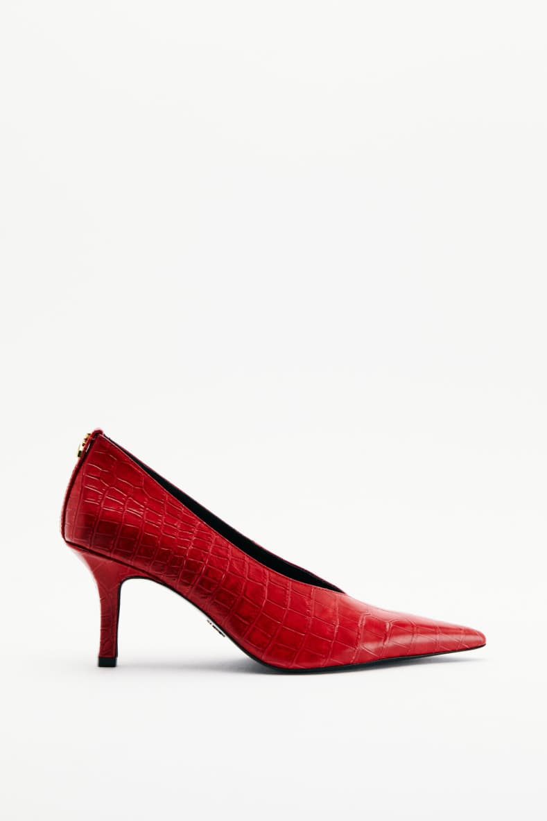 New Minimal Shape Leather Pumps with Croco Print, Red, Patrizia Pepe
