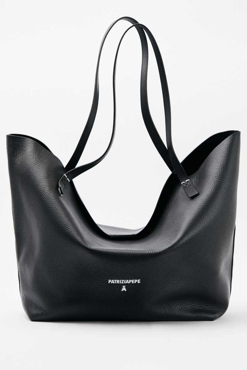 Never Complete shopping bag in hammered leather, Black, Patrizia Pepe