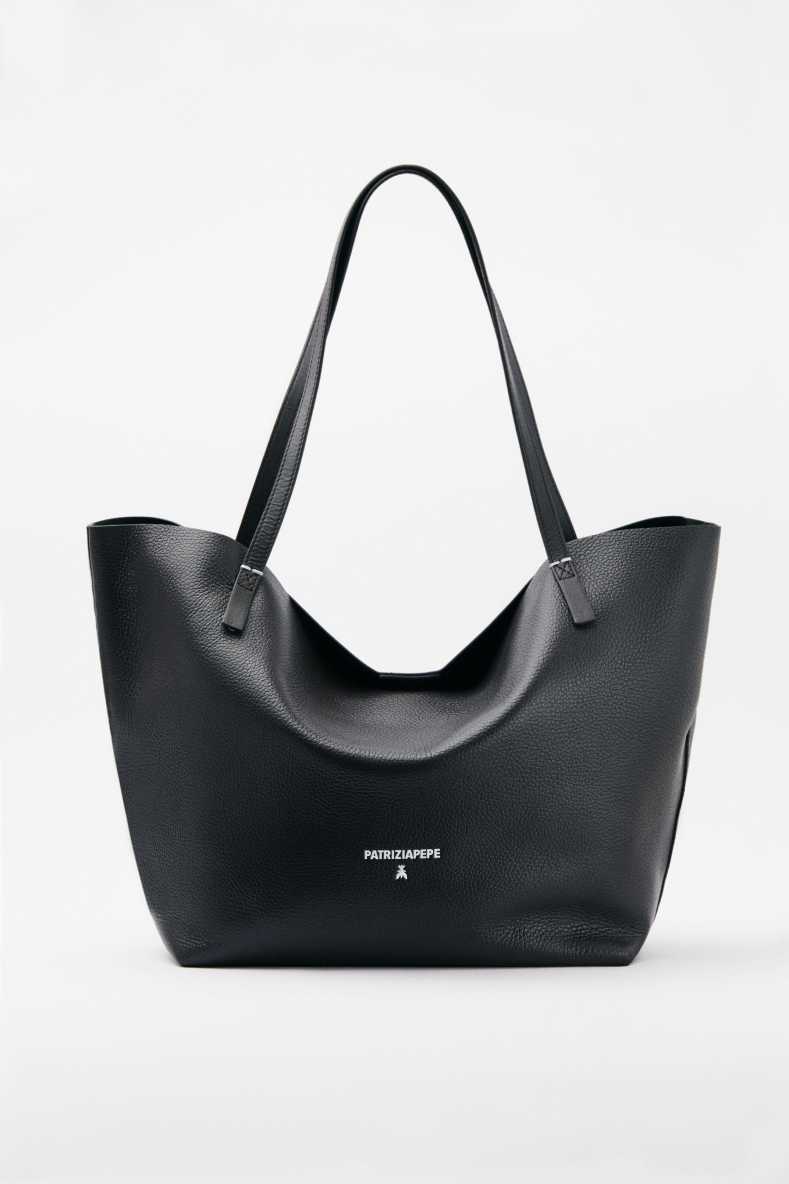 Never Complete shopping bag in hammered leather, Black, Patrizia Pepe