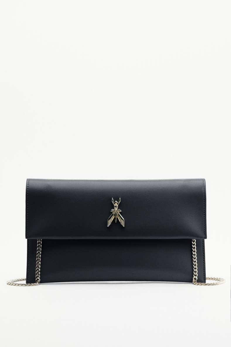 Fly leather clutch bag with chain, Black/Light Gold, Patrizia Pepe