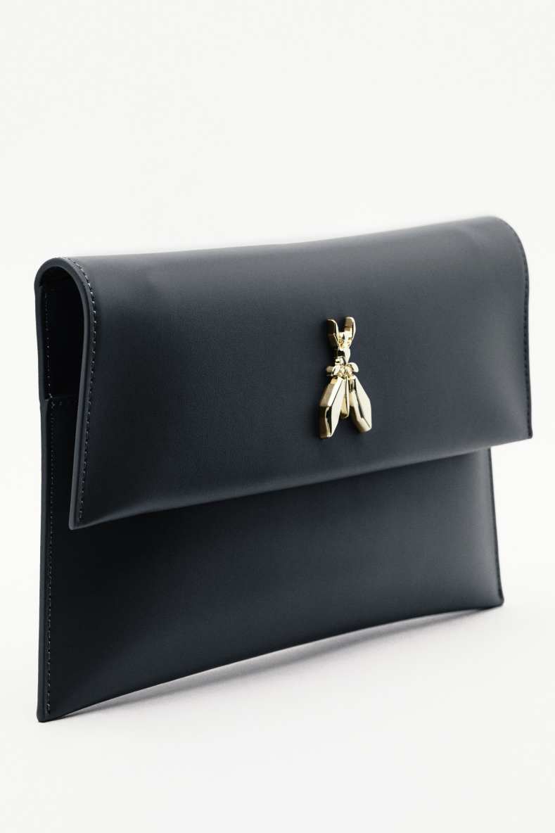 Fly leather clutch bag with chain, Black/Light Gold, Patrizia Pepe