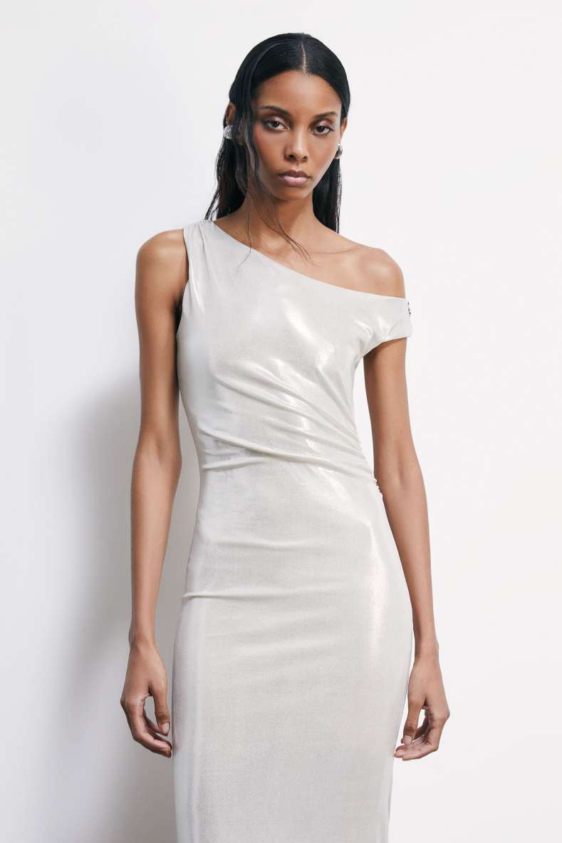 Laminated asymmetric midi dress, Silver, Patrizia Pepe