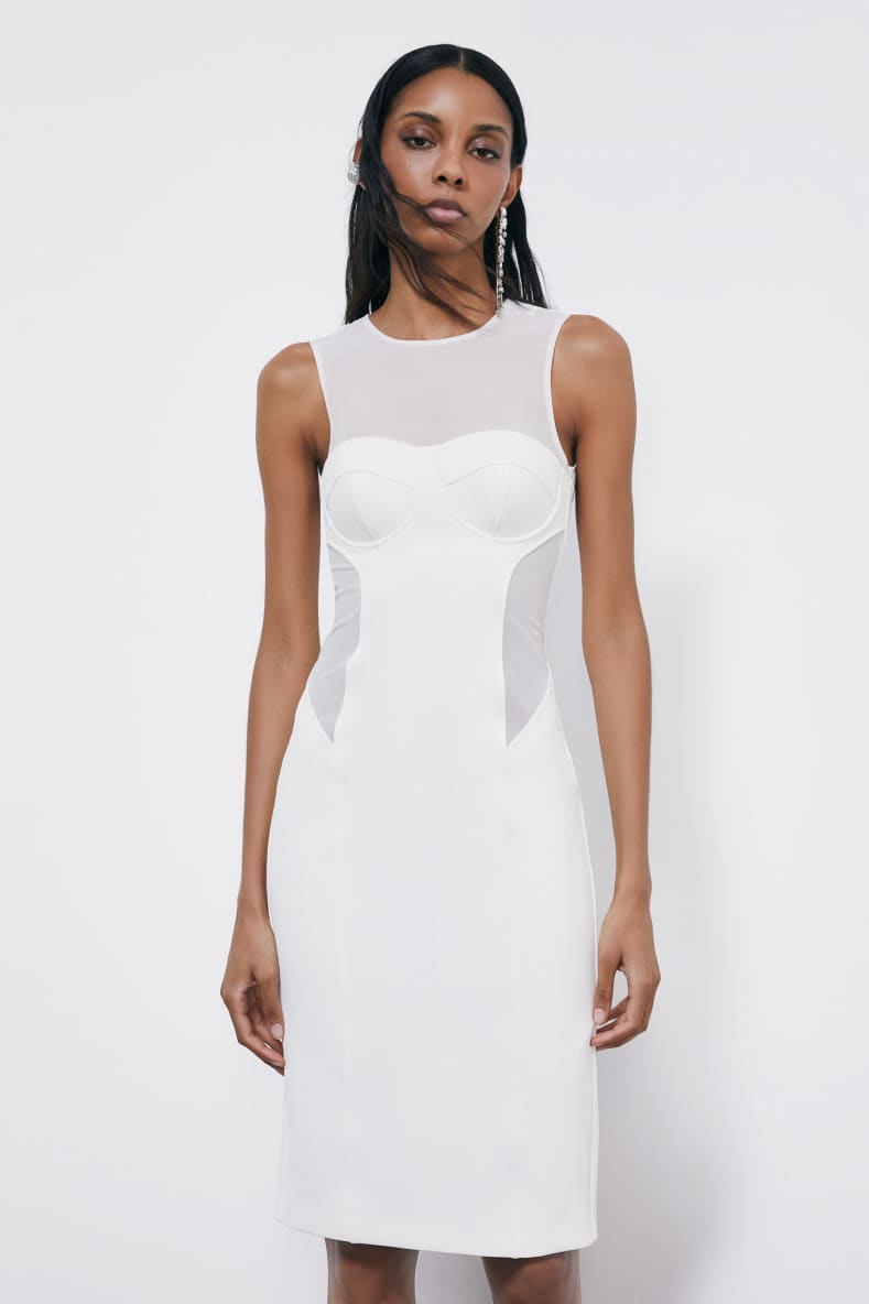 Midi bustier dress in mixed fabric, White, Patrizia Pepe