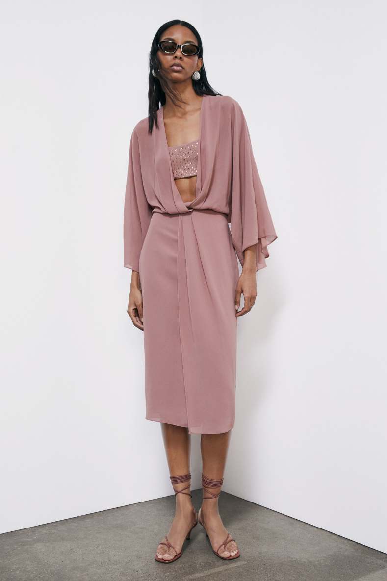 Fluid kimono dress in georgette, Pink, Patrizia Pepe