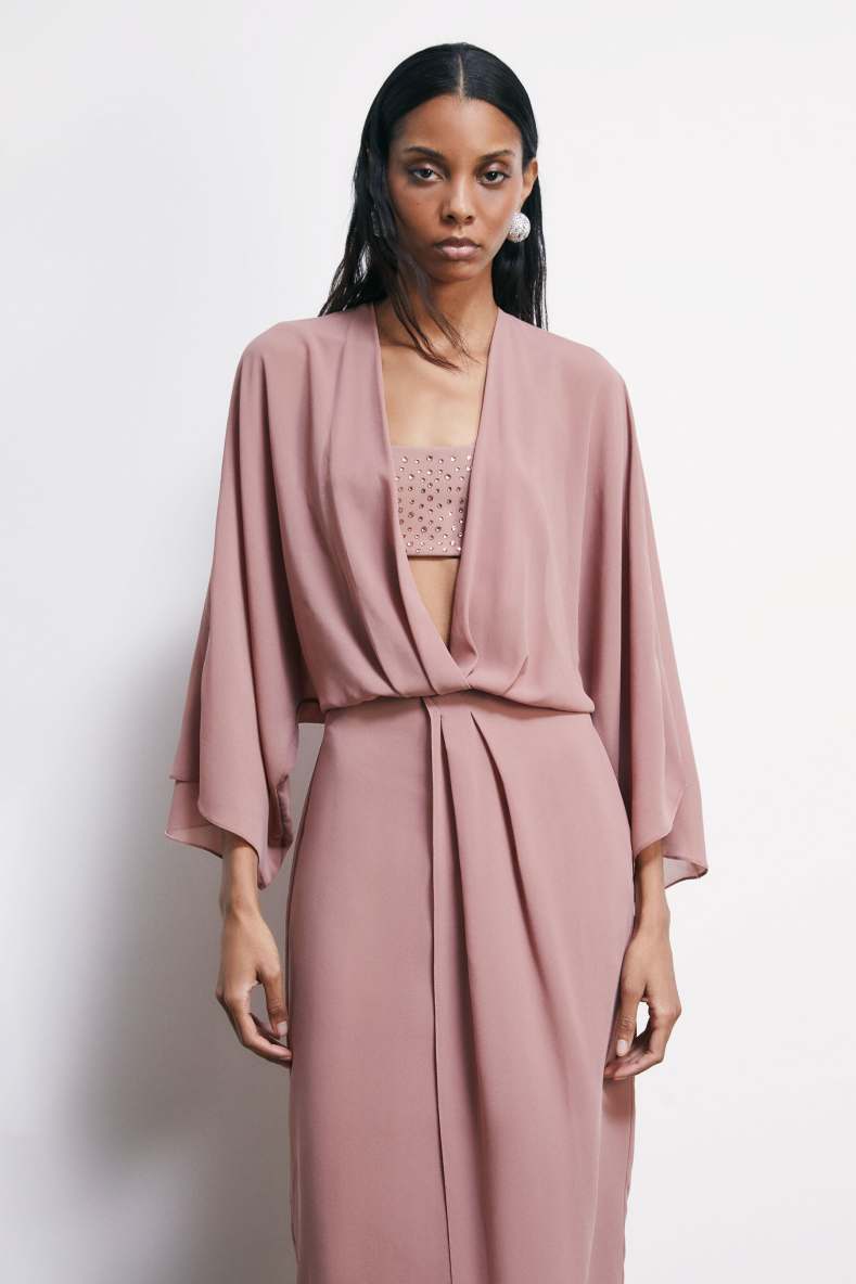 Fluid kimono dress in georgette, Pink, Patrizia Pepe