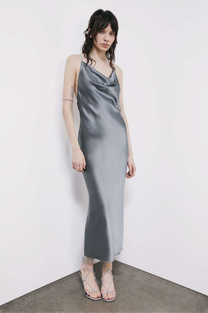 Silk evening dress with jewel detail, Grey, Patrizia Pepe