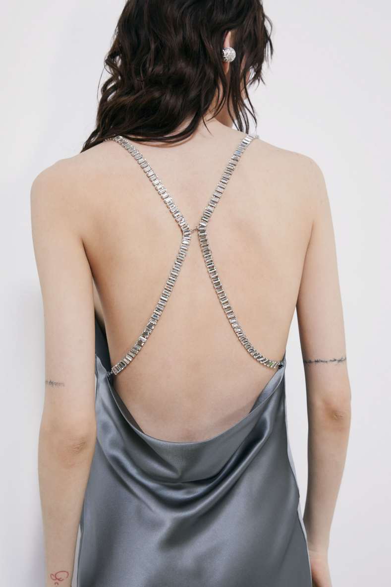 Silk evening dress with jewel detail, Grey, Patrizia Pepe