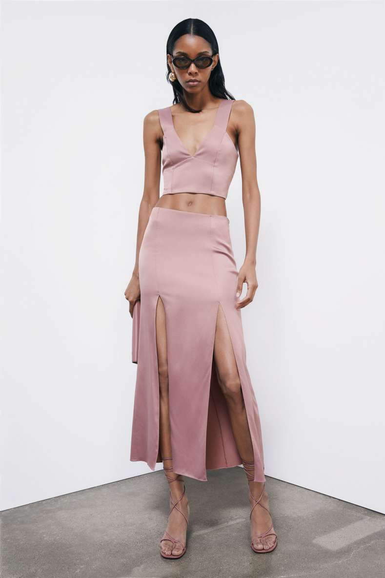 Long satin skirt with slits, Pink, Patrizia Pepe
