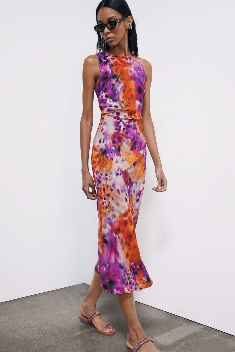 Vestido midi de viscosa estampada, Fantas&iacute;a abstracta