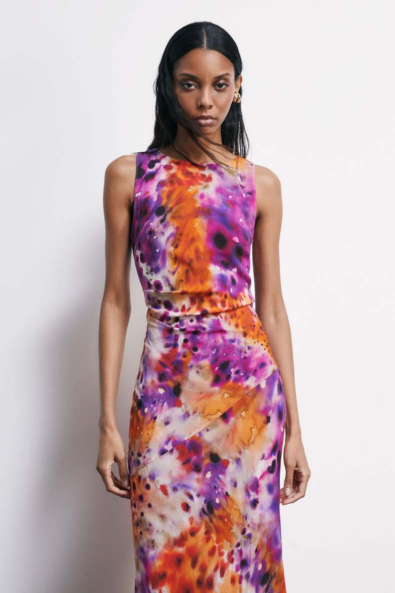 Vestido midi de viscosa estampada, Fantas&iacute;a abstracta