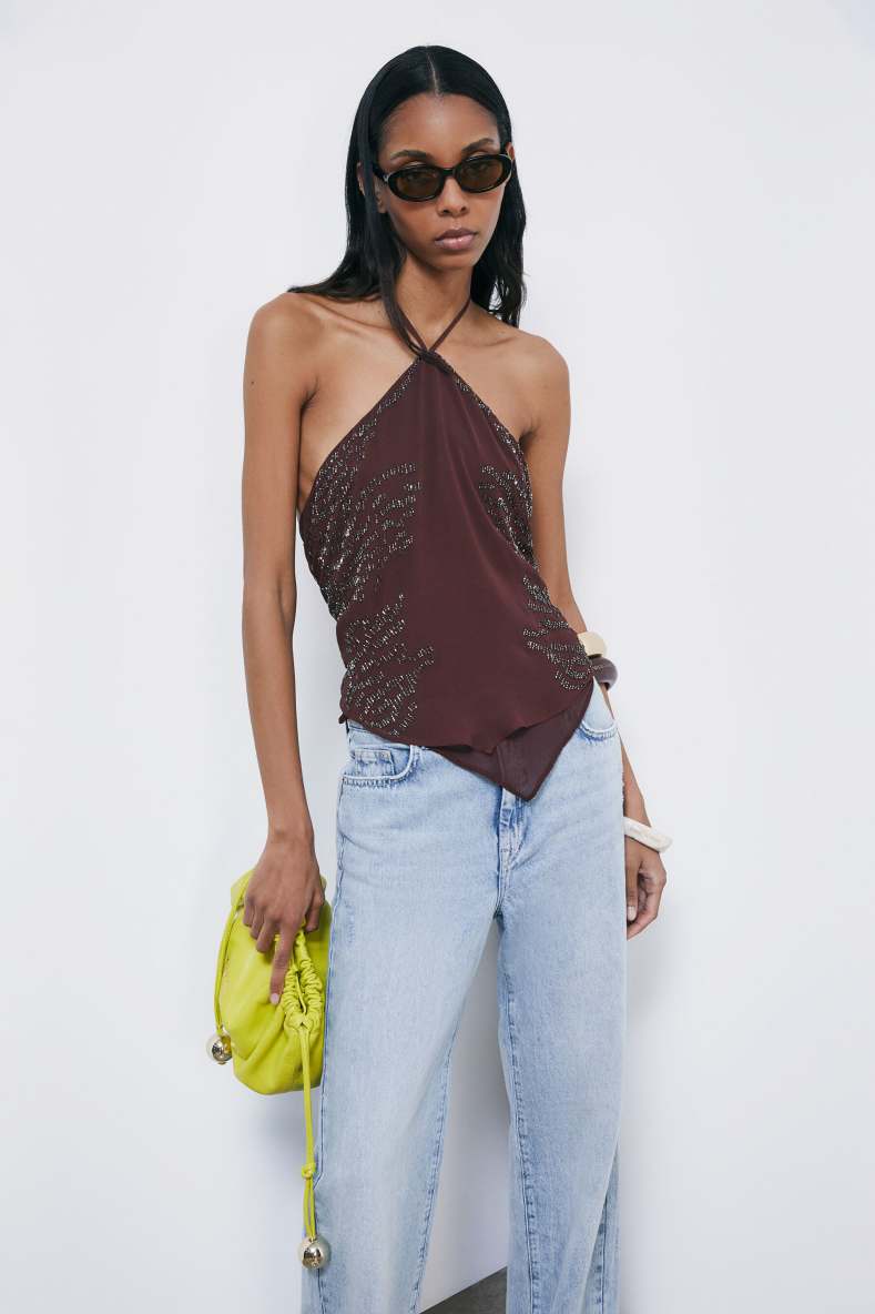 Hand-embroidered top, Brown, Patrizia Pepe