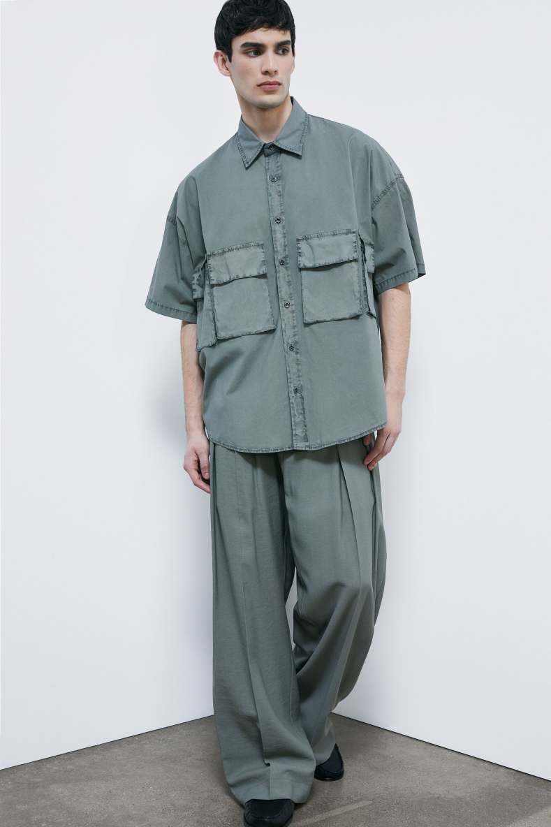 Oversized garment-dyed shirt in poplin, Green, Patrizia Pepe