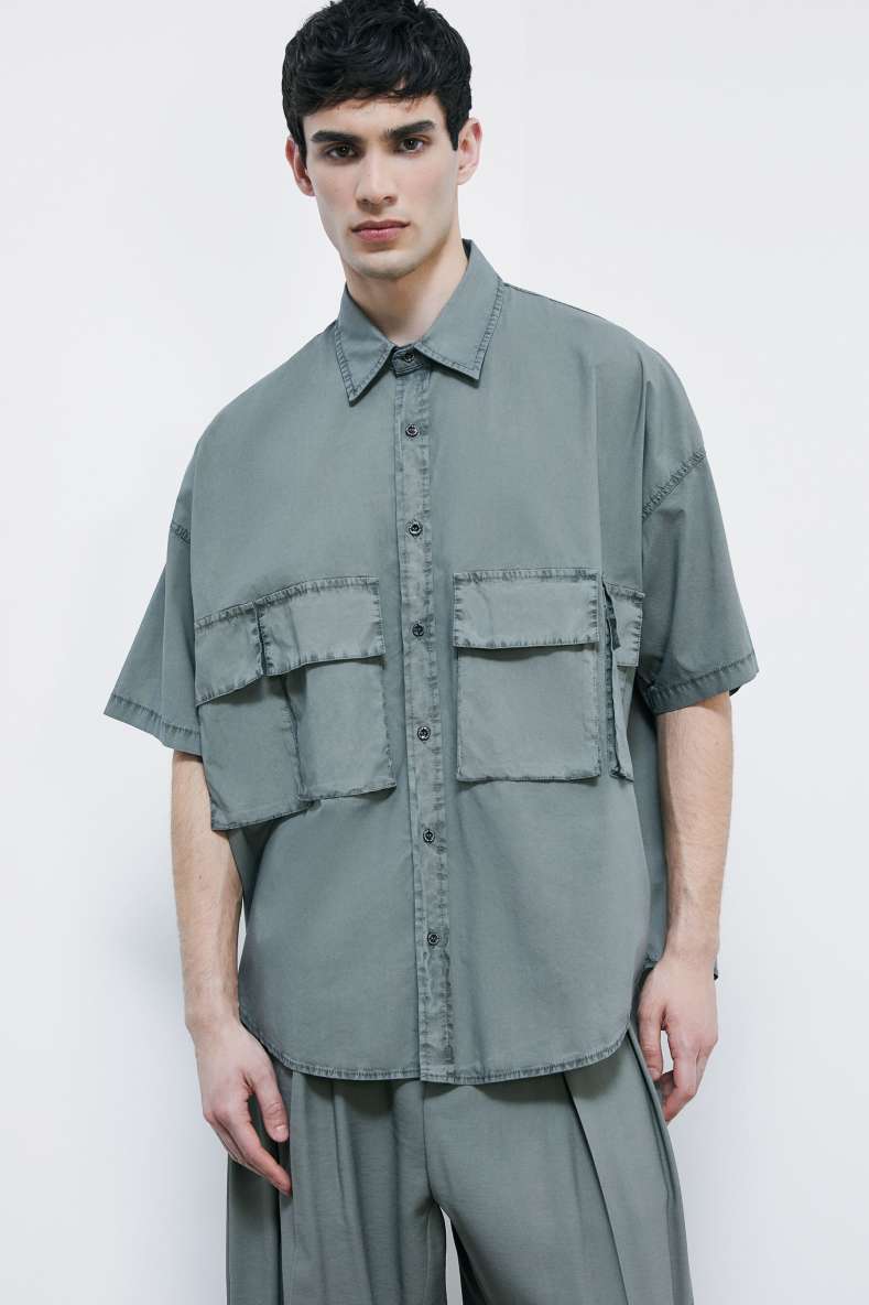 Oversized garment-dyed shirt in poplin, Green, Patrizia Pepe