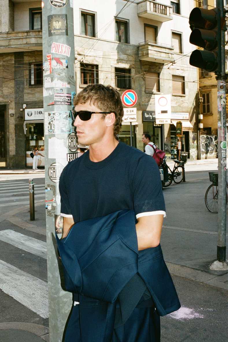 Knitted T-shirt with contrast trims, Blue/White, Patrizia Pepe